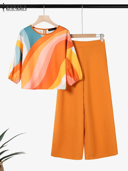 BERAKAH SUPRÊME – ensemble pantalon d'été 2 pièces pour femmes, tenues à la mode, manches 3/4, chemisier imprimé, pantalon, costume de travail décontracté, survêtements assortis