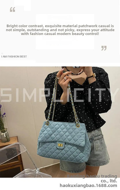 Sac à bandoulière en chaîne en Denim tendance, polyvalent, à motifs de diamants, forme carrée douce, Style minimaliste neutre, Linin en Polyester
