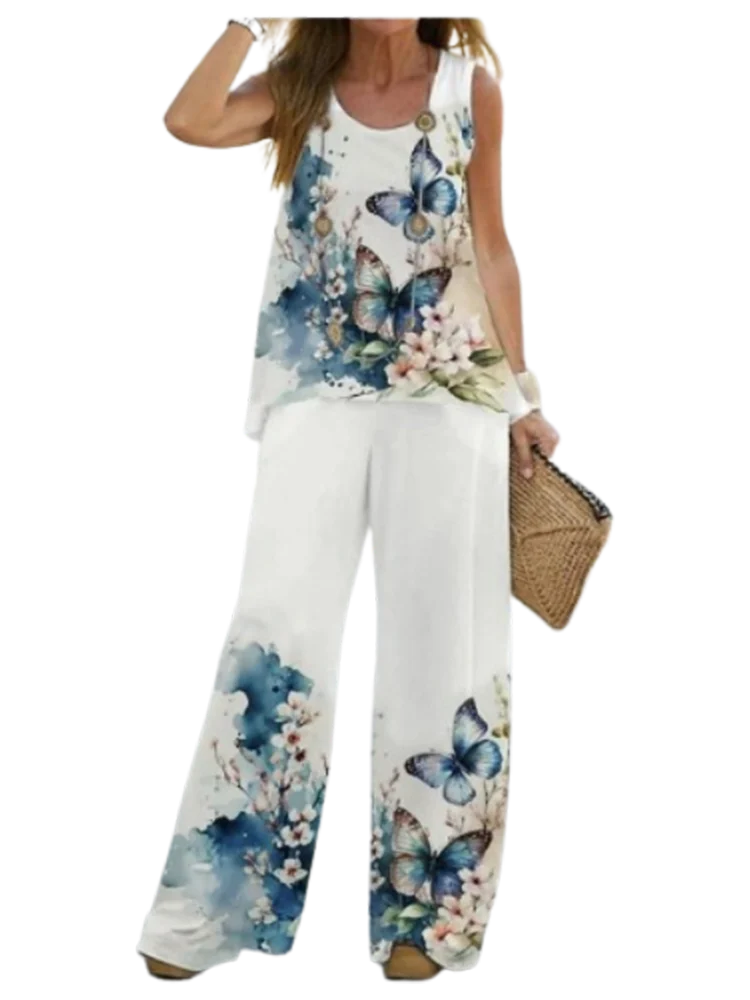 T-Shirt à Jambes Droites pour Femme, Pantalon Décontracté, Imprimé Fibraadt, Ensemble Simple, Vêtements d'Été