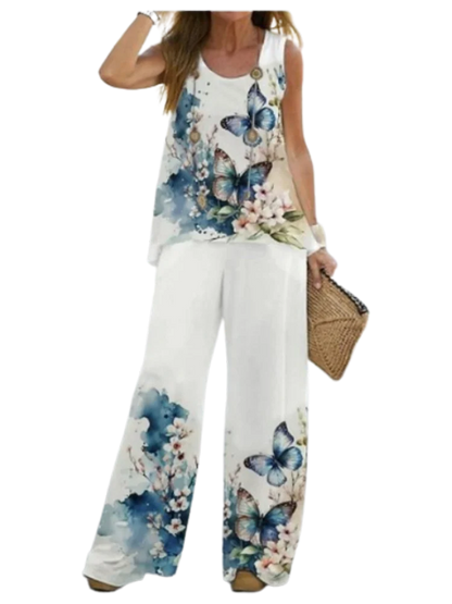 T-Shirt à Jambes Droites pour Femme, Pantalon Décontracté, Imprimé Fibraadt, Ensemble Simple, Vêtements d'Été