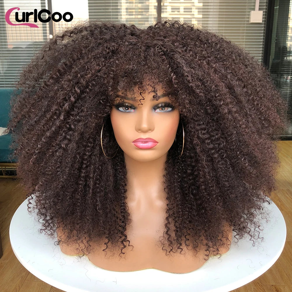 Perruque bouclée avec frange, perruque Afro bouclée pour femmes noires, perruque longue et moelleuse en Fiber synthétique pour fête quotidienne, Cosplay
