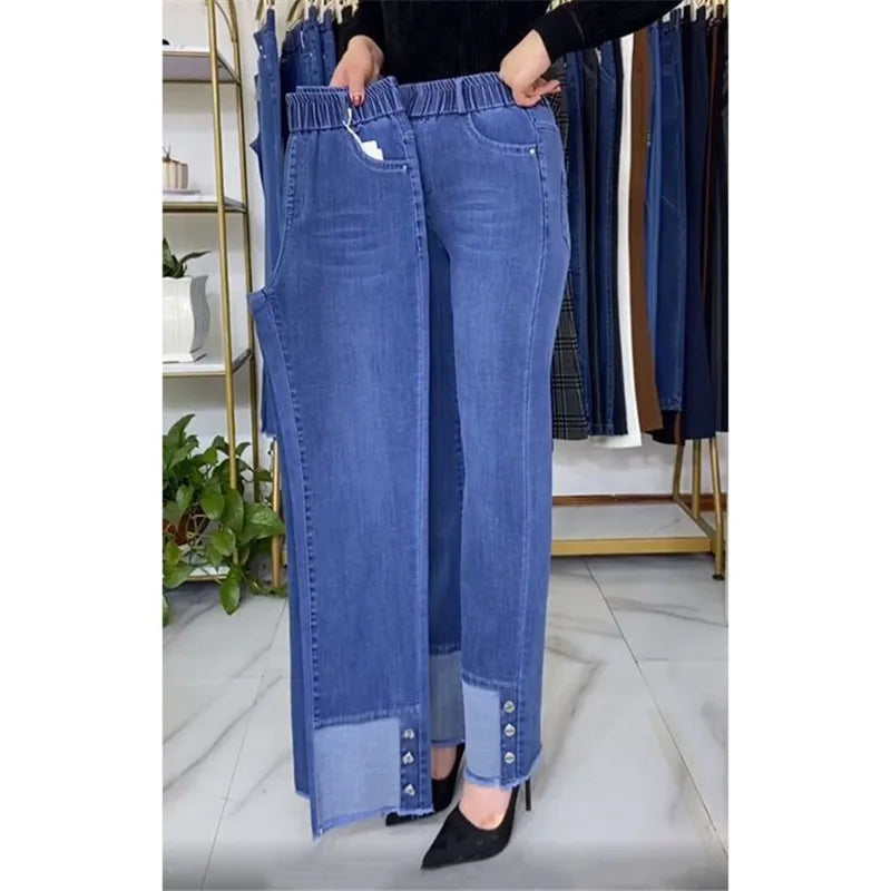 Jean femme d'âge moyen printemps automne taille extensible pantalon en Denim droit grande taille ample taille haute décontractée noir bleu pantalon