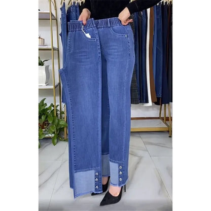 Jean femme d'âge moyen printemps automne taille extensible pantalon en Denim droit grande taille ample taille haute décontractée noir bleu pantalon