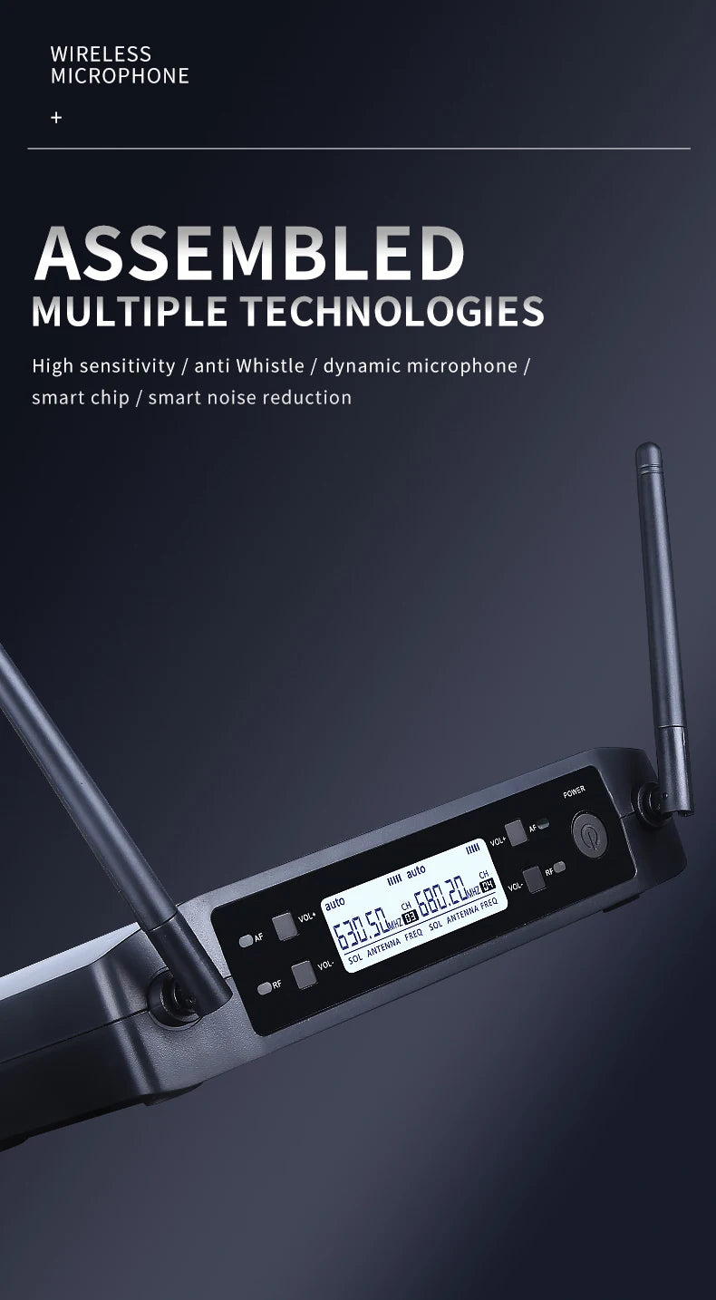 Microphone sans fil portatif à double canal, micro dynamique à fréquence fixe UHF pour karaoké, fête de mariage, spectacle d'église