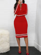 Robe moulante à rayures de couleur contrastée pour femmes, mode décontractée, manches longues, fermeture éclair, col, élégante, Slim, robes de soirée