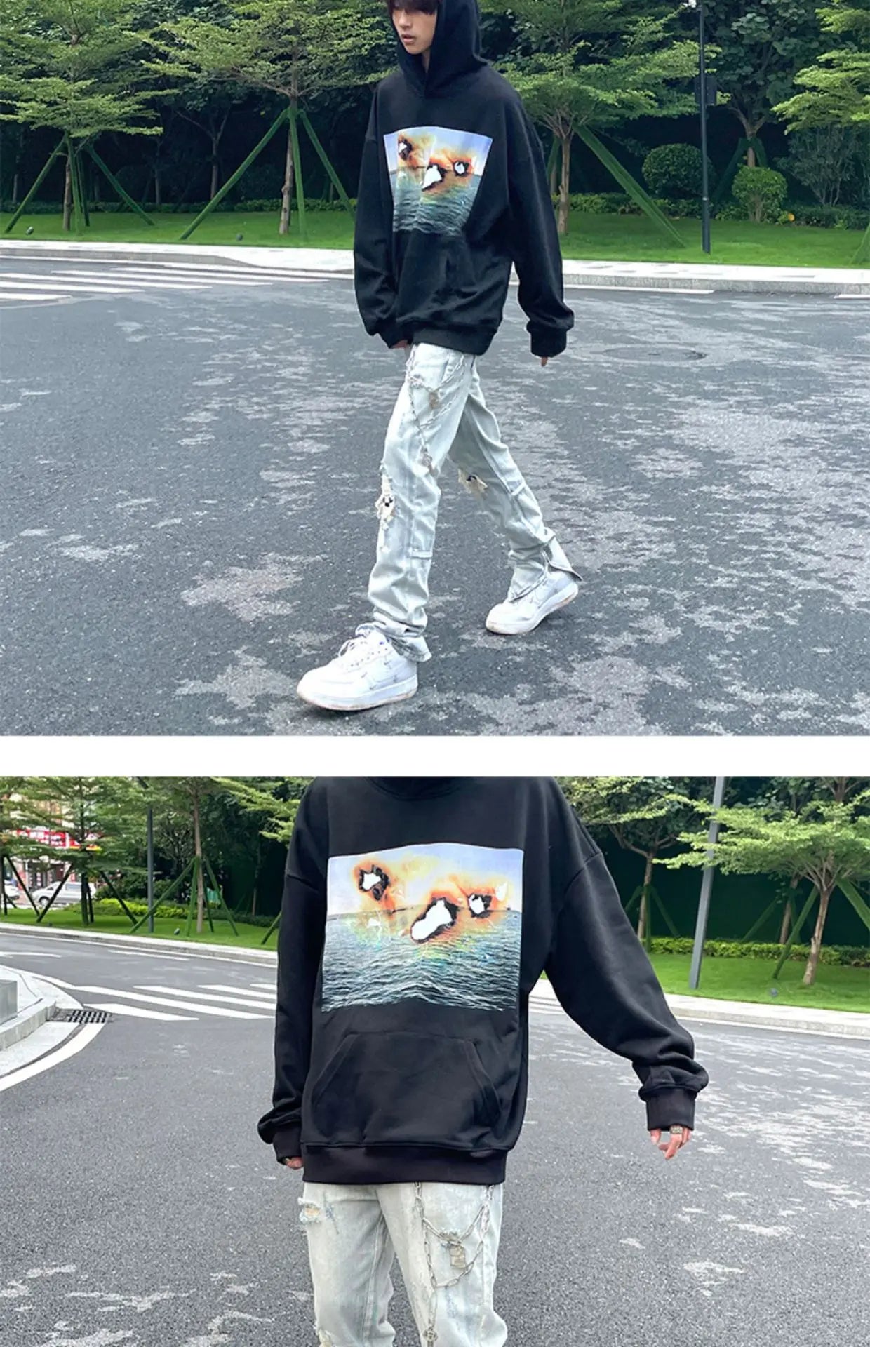 Jean à jambes larges pour homme et femme, streetwear, décontracté, déchiré, troué