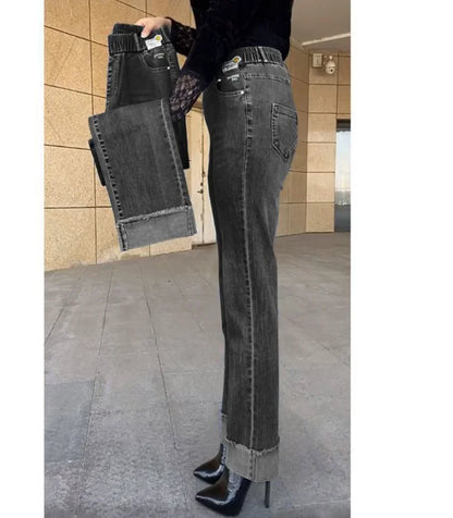 Jean femme d'âge moyen printemps automne taille extensible pantalon en Denim droit grande taille ample taille haute décontractée noir bleu pantalon