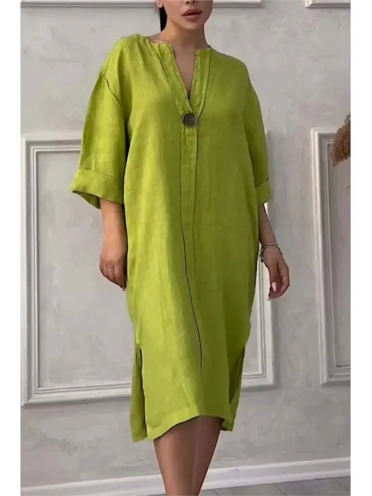 Robe longue en lin à manches longues pour femmes, robes élégantes, robe éducative, été décontracté, monochromatique, fête de documents, Y2K, été 2024