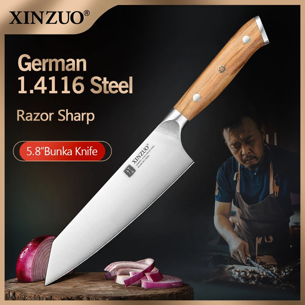 XINZUO 5,83 pouces Bunka couteau de chef allemand DIN 1.4116 acier 56 ± 2 HRC 15 ° Rivets en cuivre avec manche en bois d'olivier à 1 bords avec boîte cadeau