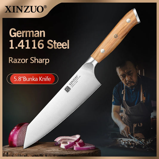 XINZUO 5,83 pouces Bunka couteau de chef allemand DIN 1.4116 acier 56 ± 2 HRC 15 ° Rivets en cuivre avec manche en bois d'olivier à 1 bords avec boîte cadeau