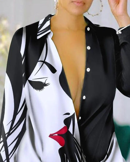 Printemps automne mode lettre imprimer à manches longues chemise Robe Robe femmes col rabattu boutons avant robes décontractées femme 2024