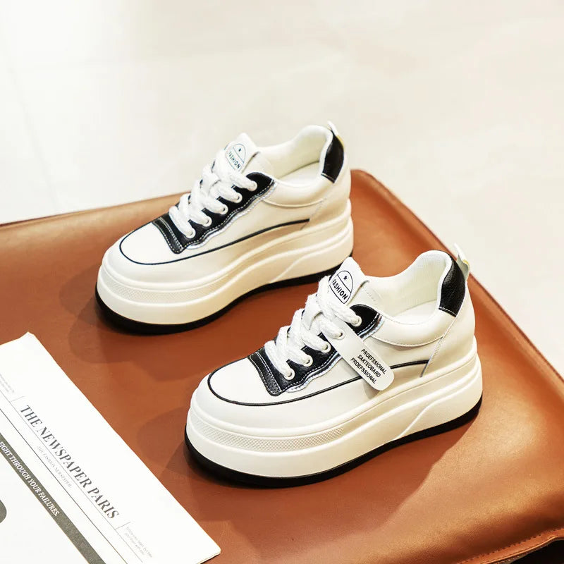 Fujin-Chaussures à l'offre elles compensées en cuir véritable pour femme, grosses chaussures blanches de 9cm, à la mode, automne et été