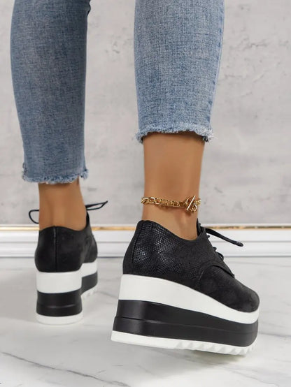 Chaussures à plateforme à talons compensés pour femmes, chaussures d'extérieur décontractées à lacets, baskets confortables à talons hauts, semelle optique de rencontre basse