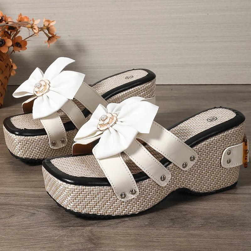 Pantoufles à plateforme épaisse avec nœud papillon pour femmes, Design à boucle, diapositives à fond épais, nouvelles sandales à talons compensés à bout carré