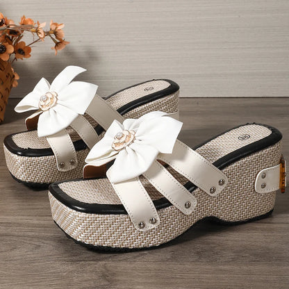 Pantoufles à plateforme épaisse avec nœud papillon pour femmes, Design à boucle, diapositives à fond épais, nouvelles sandales à talons compensés à bout carré