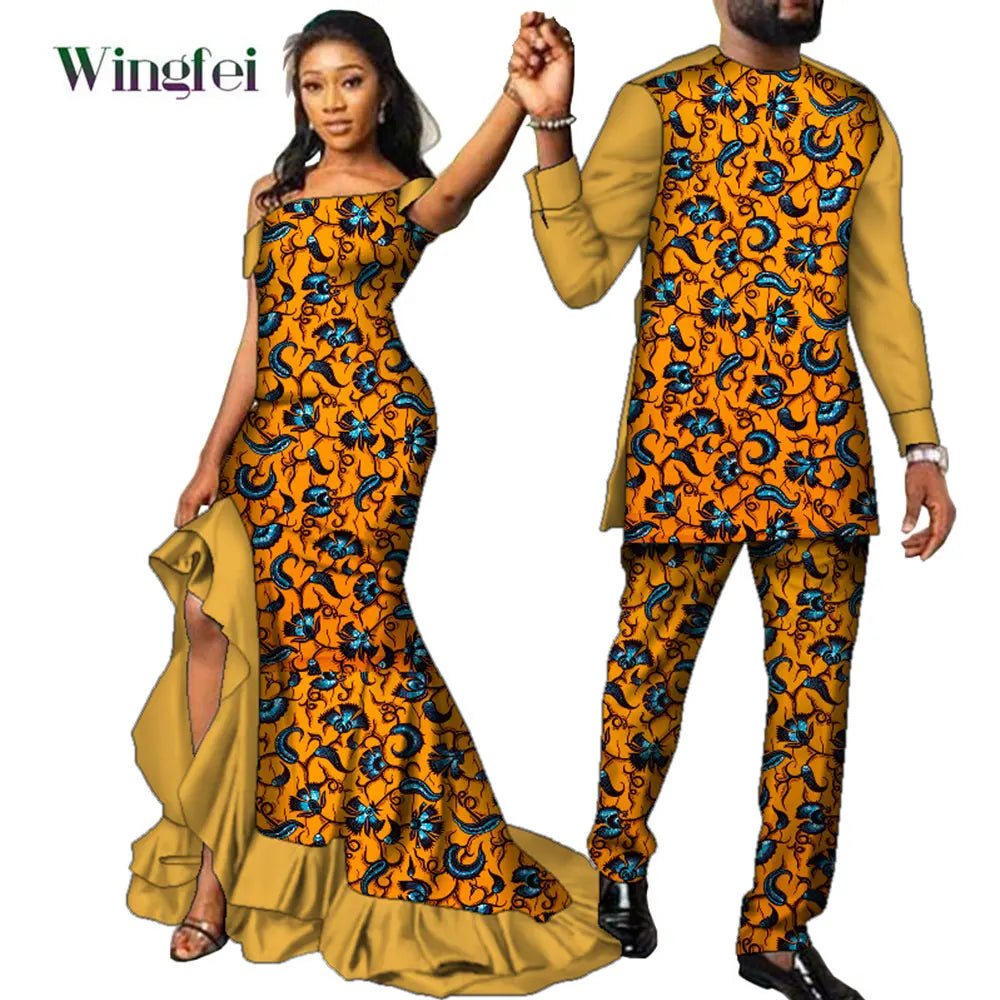 Vêtements de Couple Africains à Imprimé Ankara pour Femme et Homme, Robes sulfMaxi, Dashiki Imbibé, Tenue Amoureux, WYQ567