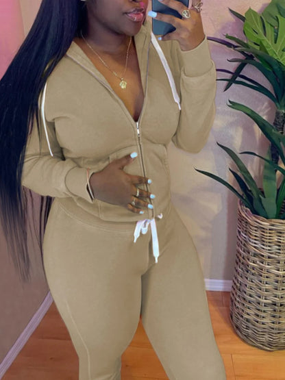 LW-Ensemble de survêtement à manches longues et cordon de serrage pour femme, poche kangourou décontractée, sweat à capuche et cordon de serrage, fjSpring, 2 pièces assorties