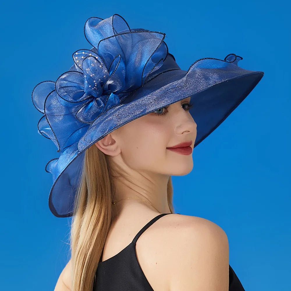 Chapeau Derby à fleurs de couleur unie pour femmes, en Organza à large bord, à volants, chapeau de soleil pliable, Protection UV, pour fête de thé, mariage