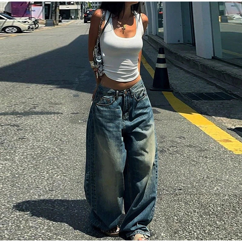 Pantalon en jean Baggy surdimensionné pour femme Y2K Harajuku Hip-hop Vintage Pop gothique taille haute pantalon à jambes larges pantalon Streetwear
