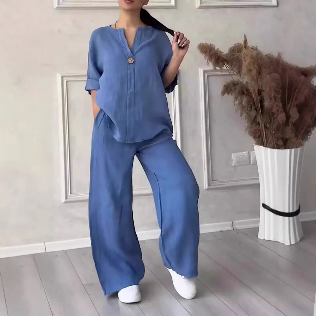Ensemble deux pièces en coton et lin pour femmes, confortable, ample, haut, pantalon à jambes larges, décontracté, à la mode, costumes, tenues de printemps et d'été