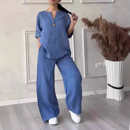Ensemble deux pièces en coton et lin pour femmes, confortable, ample, haut, pantalon à jambes larges, décontracté, à la mode, costumes, tenues de printemps et d'été