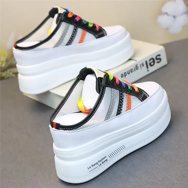 Pantoufles d'Été à Semelles Compensées pour Femmes, Chaussures Paresseuses en Maille Respirante pour Petits Pieds, Sandales à Plateforme Antidérapantes