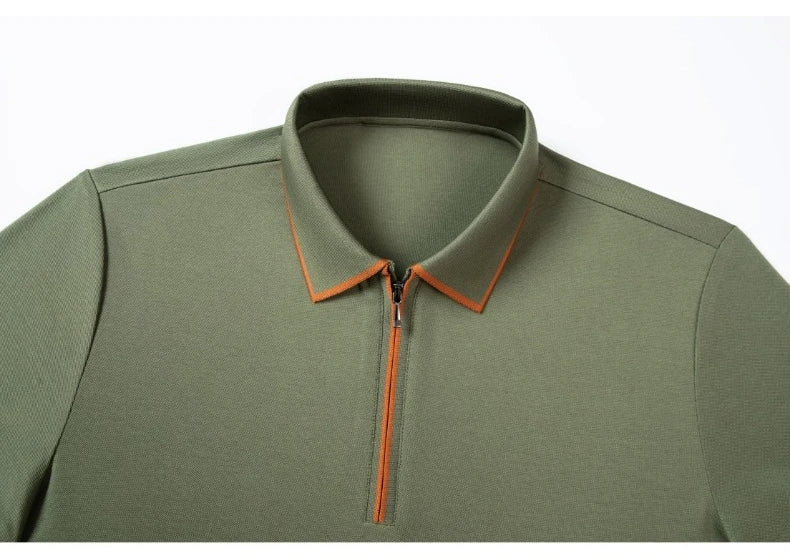 Polo en soie à fermeture éclair pour hommes, T-Shirt à manches courtes en mûrier avec fermeture éclair en métal, col montant, haut d'été décontracté de luxe en coton et lin