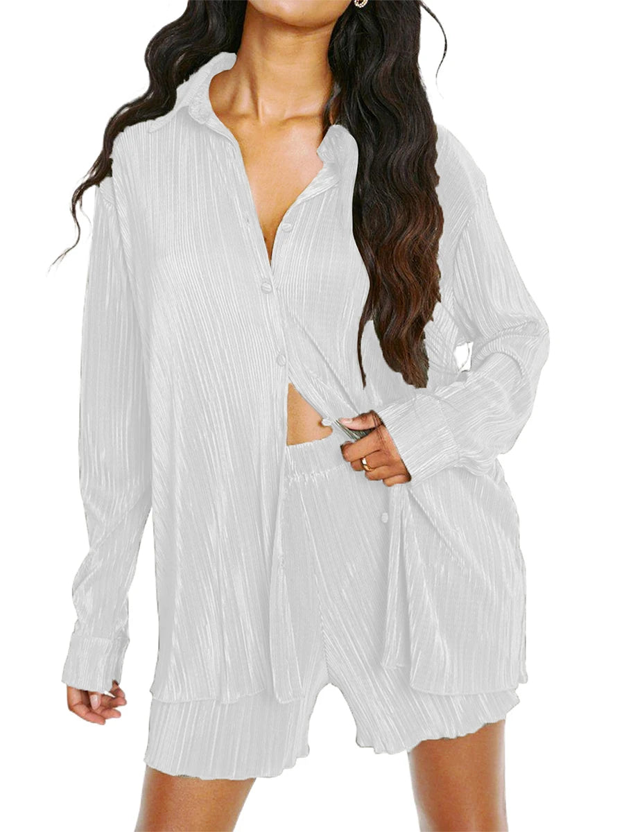 Ensemble de vêtements décontractés pour femmes, chemise froncée à manches longues, boutonnée et short, 2 pièces