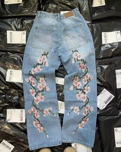Y2K Baggy Jeans Harajuku vintage fleur de cerisier broderie haute qualité jeans streetwear Hip Hop gothique hommes femmes jeans à jambes larges