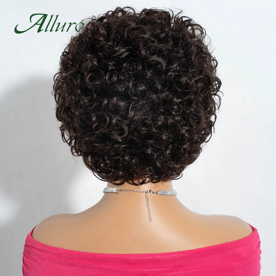Jerry bouclés perruques de cheveux humains pour les femmes noires 10 pouces court Pixie Afro crépus bouclés perruque avec frange brun couleur cheveux perruques Allure