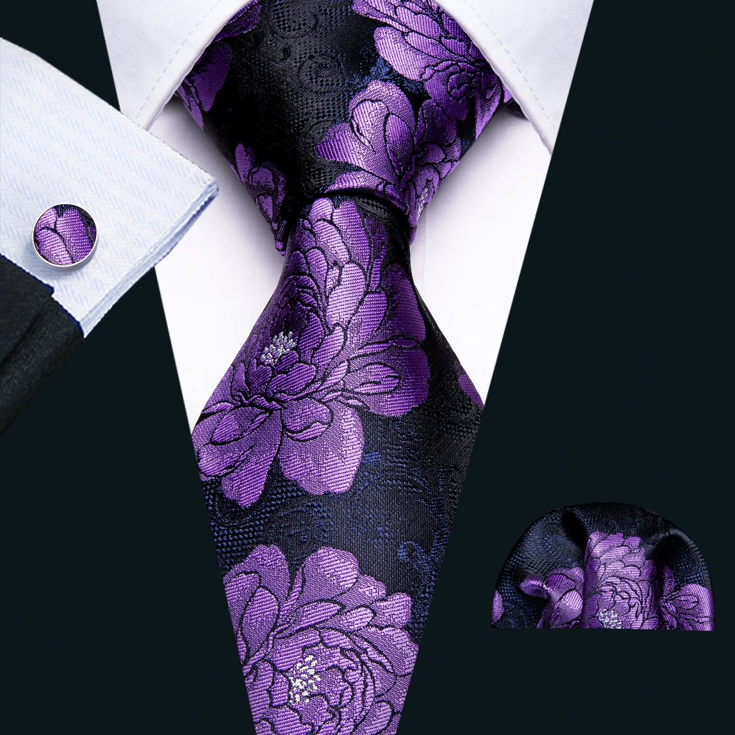 Barry.Wang violet lilas lavande soie hommes cravate mouchoir bouton de manchette ensemble Jacquard cravate florale pour homme mariage fête d'affaires