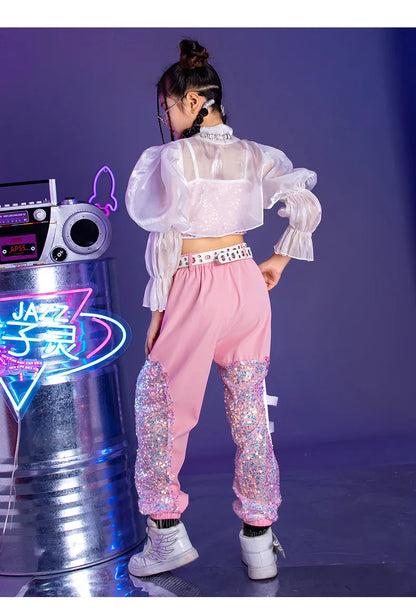 K-PoP-Ensemble de olympiques de danse jazz pour enfants, vêtements à paillettes, défilé de mode pour filles, tenues pour enfants, hip hop, hip hop