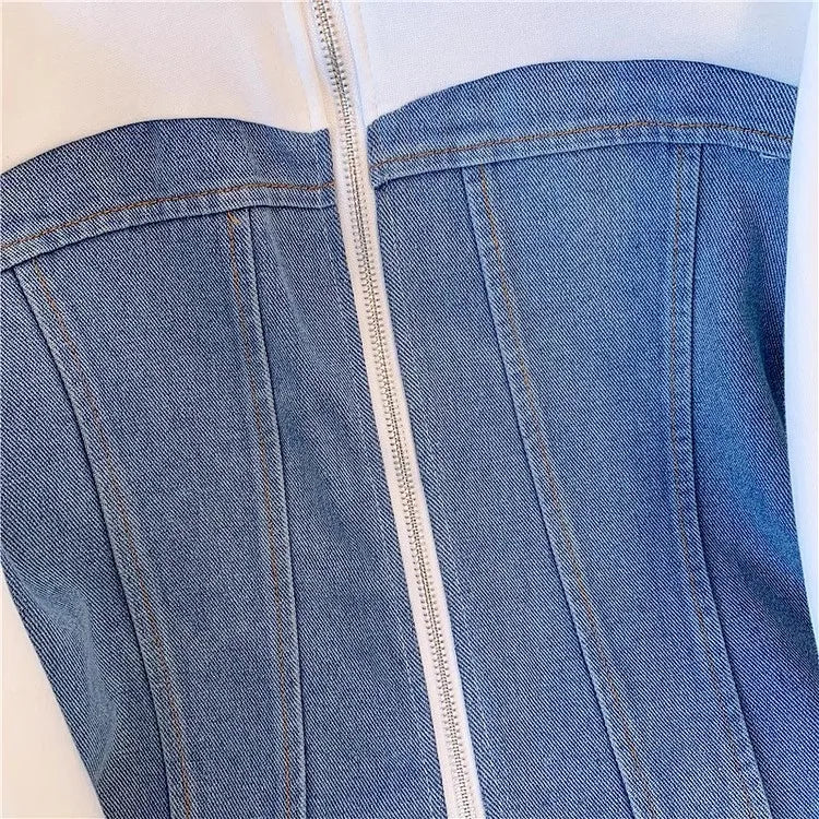 Ensemble pantalon femmes deux pièces ensembles Denim épissure fermeture éclair ensembles assortis manteaux décontractés jambe large pantalons longs à lacets taille élastique 2025