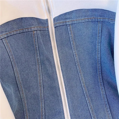 Ensemble pantalon femmes deux pièces ensembles Denim épissure fermeture éclair ensembles assortis manteaux décontractés jambe large pantalons longs à lacets taille élastique 2025