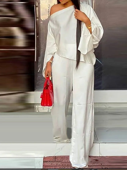 Ensemble Deux Pièces Élégant pour Femme, Couleur Unie, Manches Évasées, Sexy, Blouse, Haut + Pantalon à Jambes Larges, Costumes à la Mode, Automne