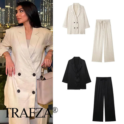 TRAFZA 2025 femmes pantalons décontractés ensemble taille haute pantalon à jambes larges + solide Beige ample glace soie Double boutonnage chemise hauts 2025 à la mode
