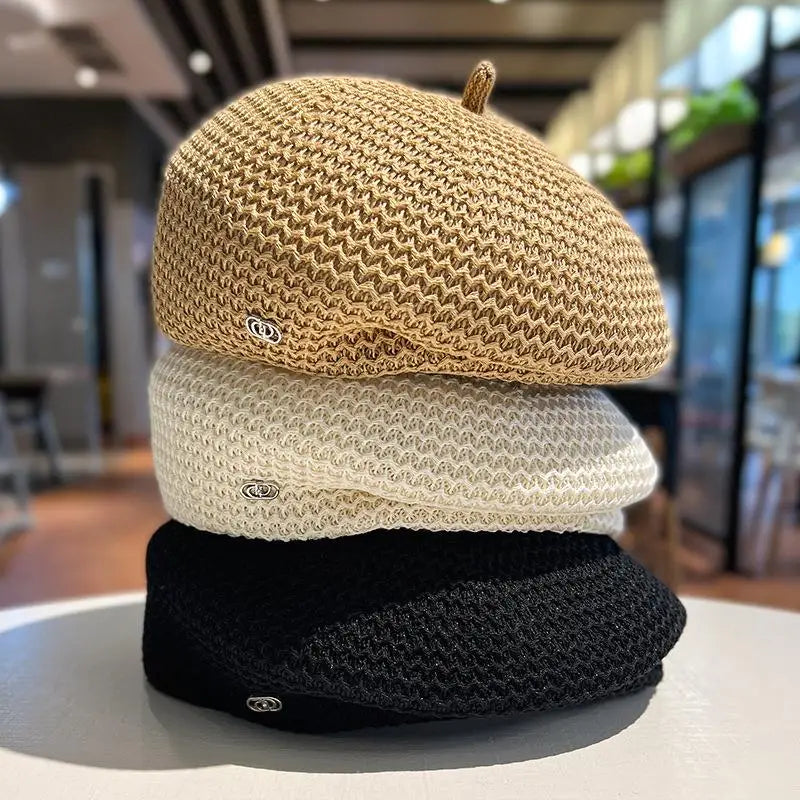 Béret en paille de papier plissé fixe pour femmes, tricot en soie de lait d'été, respirant, grand artiste, chapeau de peintre à la mode