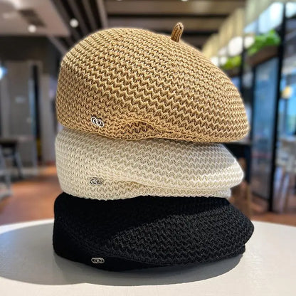 Béret en paille de papier plissé fixe pour femmes, tricot en soie de lait d'été, respirant, grand artiste, chapeau de peintre à la mode