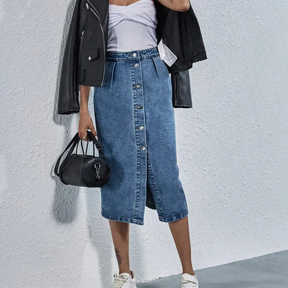 Jupe en jean droite taille haute pour femme, streetwear décontracté, poche, simple boutonnage, longueur genou, tout match, femme, nouveau