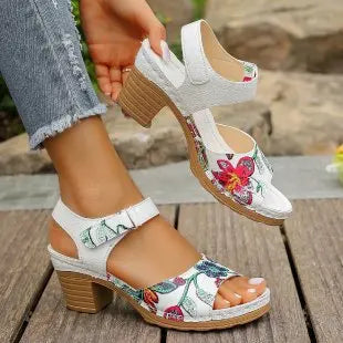 Sandales à talons hauts et bout ouvert pour femmes, chaussures de gladiateur d'été, plateforme à talons épais, sandales à fleurs pour dames