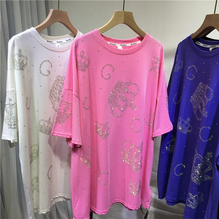 T-shirt à manches courtes pour femmes, haut européen surdimensionné, nouvelle mode, ample, strass, couronne de diamant, fer, diamant, été