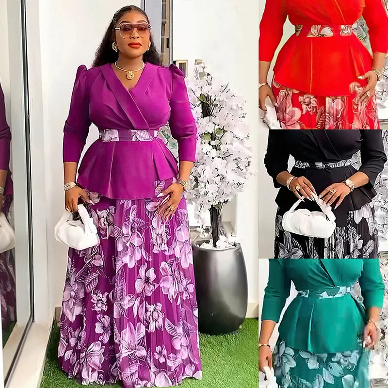 Vêtements africains 2 pièces pour femmes, mode d'été, demi-manches, col en v, haut imprimé en Polyester, jupe longue, ensembles assortis, 2025