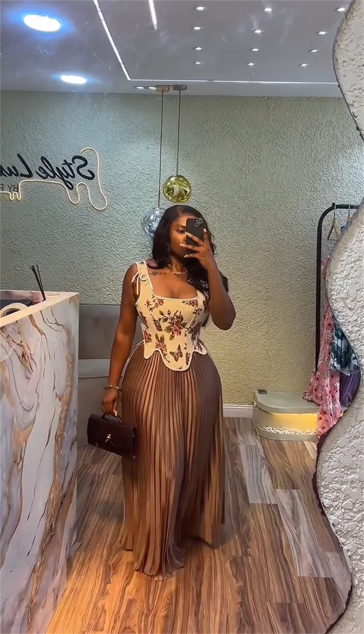 CM.YAYA ensemble femme imprimé fleuri taille cintrée gilet + jupes longues plissées costume 2025 fête soirée rue deux 2 pièces ensemble tenue