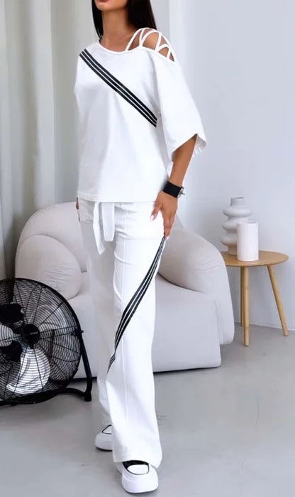 Costume de sport deux pièces blanc pour femmes, nouvelle mode, Sexy, épaules dénudées, chemise de sport ample + pantalon décontracté, vêtements de sport en coton pour femmes