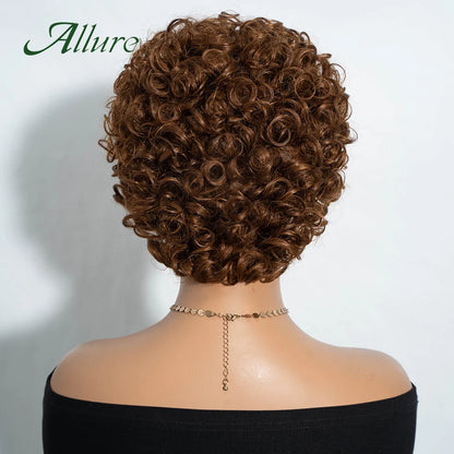 Jerry bouclés perruques de cheveux humains pour les femmes noires 10 pouces court Pixie Afro crépus bouclés perruque avec frange brun couleur cheveux perruques Allure
