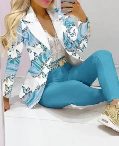 Ensemble Blazer et pantalon à col à revers imprimé à carreaux pour femmes, 2 pièces, vêtements, costume, pantalon, mode printemps-automne décontractée