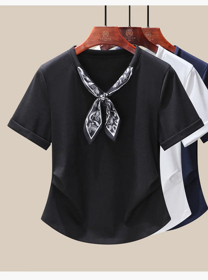 T-Shirt à manches courtes et col en V pour femme, écharpe structurée, épaules froncées, cravate à la taille, amincissante, nouvelle collection 2025