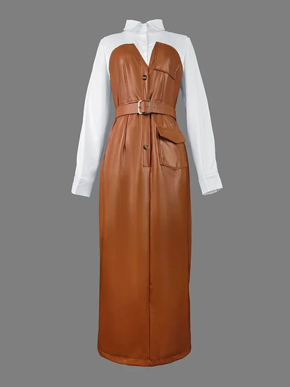 Robe mi-longue à manches longues pour femmes avec boutons, jupe chemise en PU, poche patchwork, ceinture maigre, revers, femme, automne, nouveau, 2025