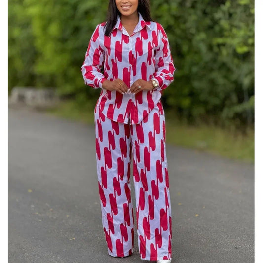 Ensemble deux pièces imprimé à rayures pour femmes, mode africaine, décontracté, boutons, manches longues, chemise, jambes larges, pantalon, printemps automne