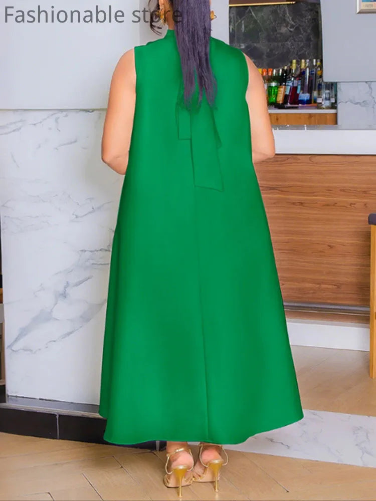 Robe de soirée décontractée pour femmes, couleur unie, col rond, sans manches, décor floral, grande balançoire